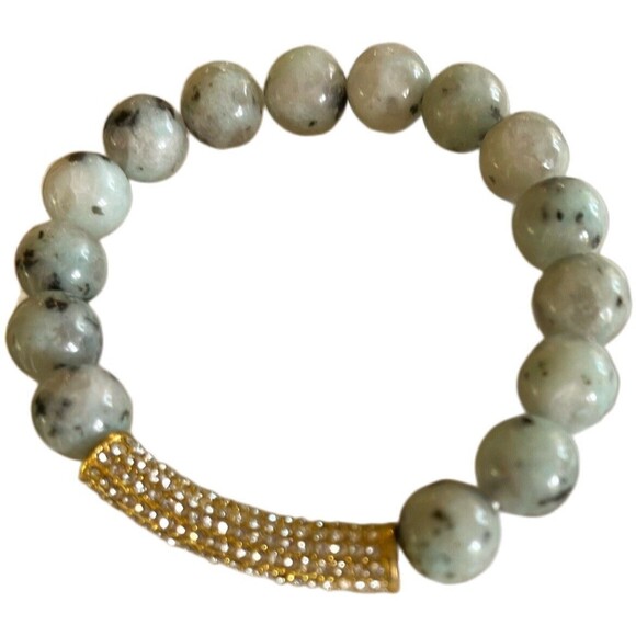 Gemstone Beaded Bracelet Set Stretchable Kiwi Beads/Amazonite Chips/Rhinestones - Picture 6 of 7